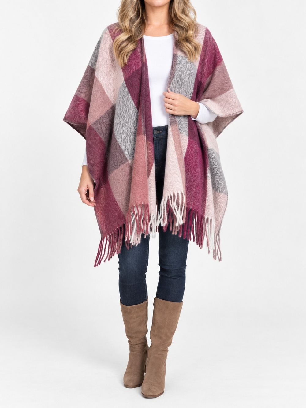 Woolrich Pink Multi Plaid Fringe Cape